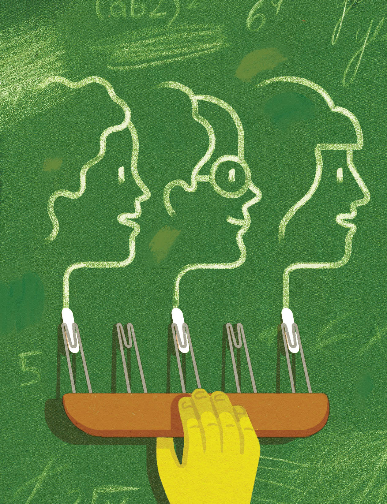 Illustration of a chalkboard drawing featuring the facial profile of three people.