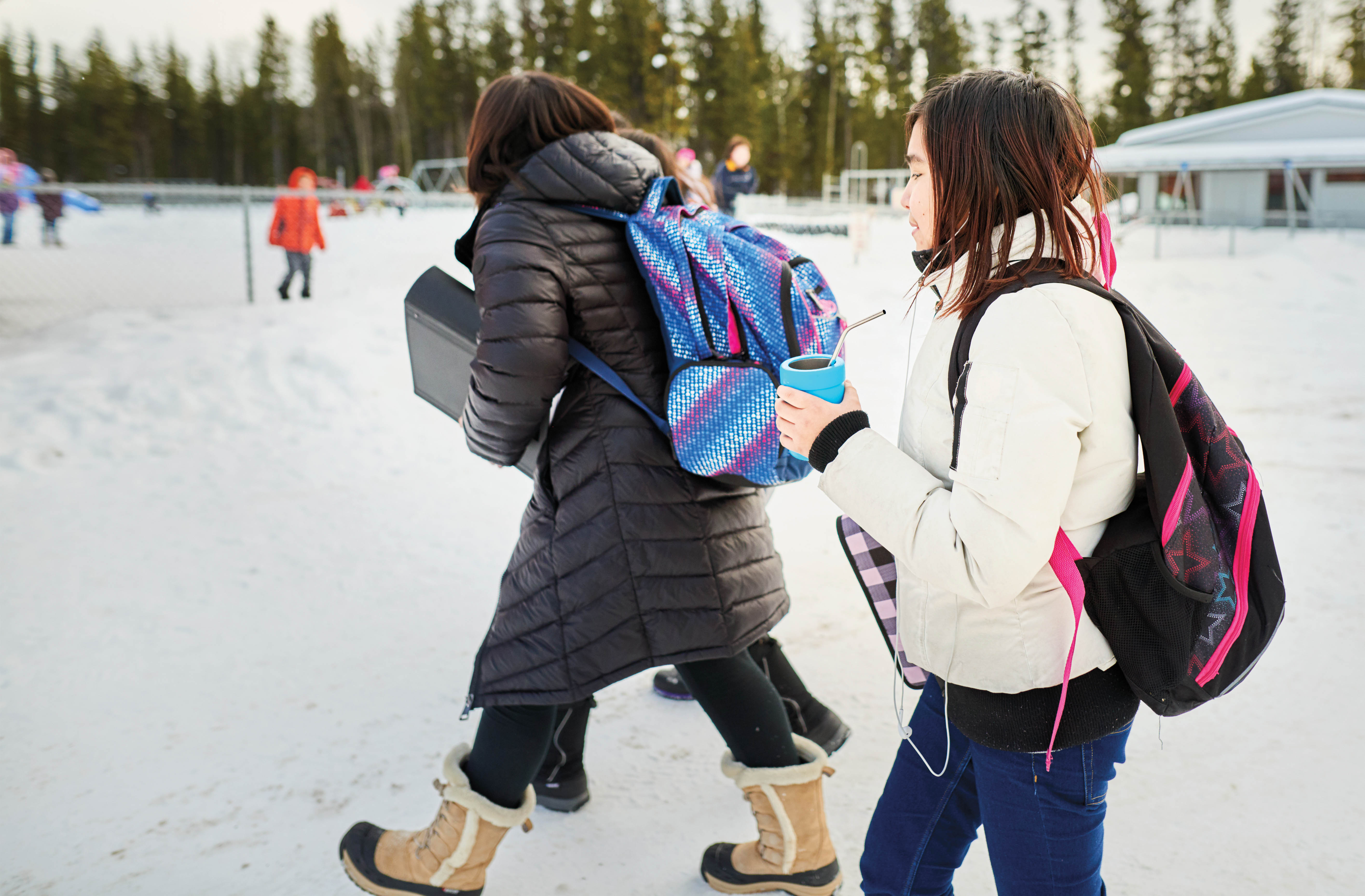 Students walking in winter.
